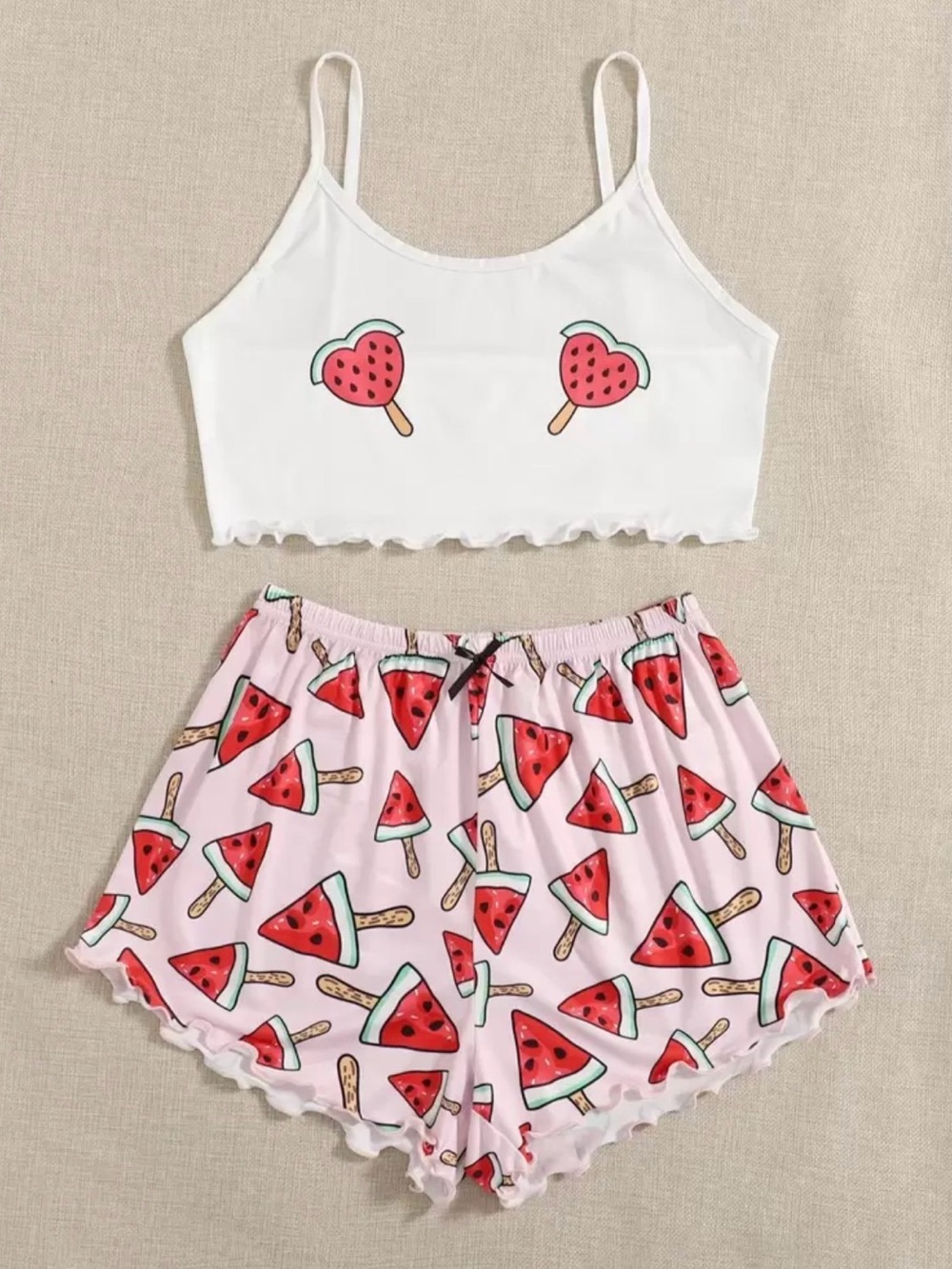 White & Pink Watermelon Print Pajama Crop Tank and Shorts Set